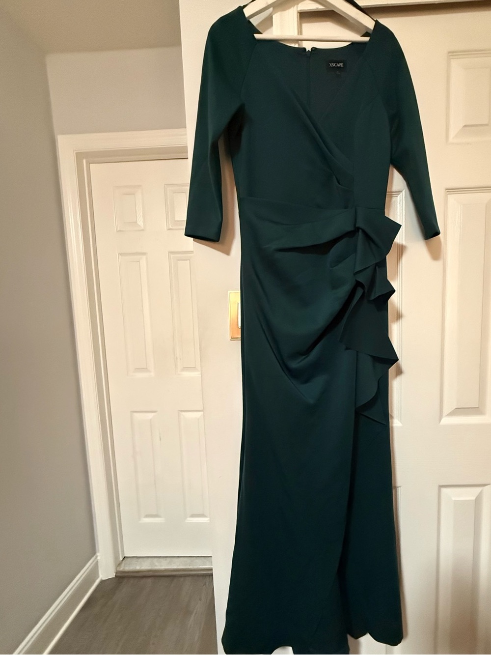 WORN TWICE-Xscape Emerald Green V-Neck Ruffle Gown - Picture 3 of 6